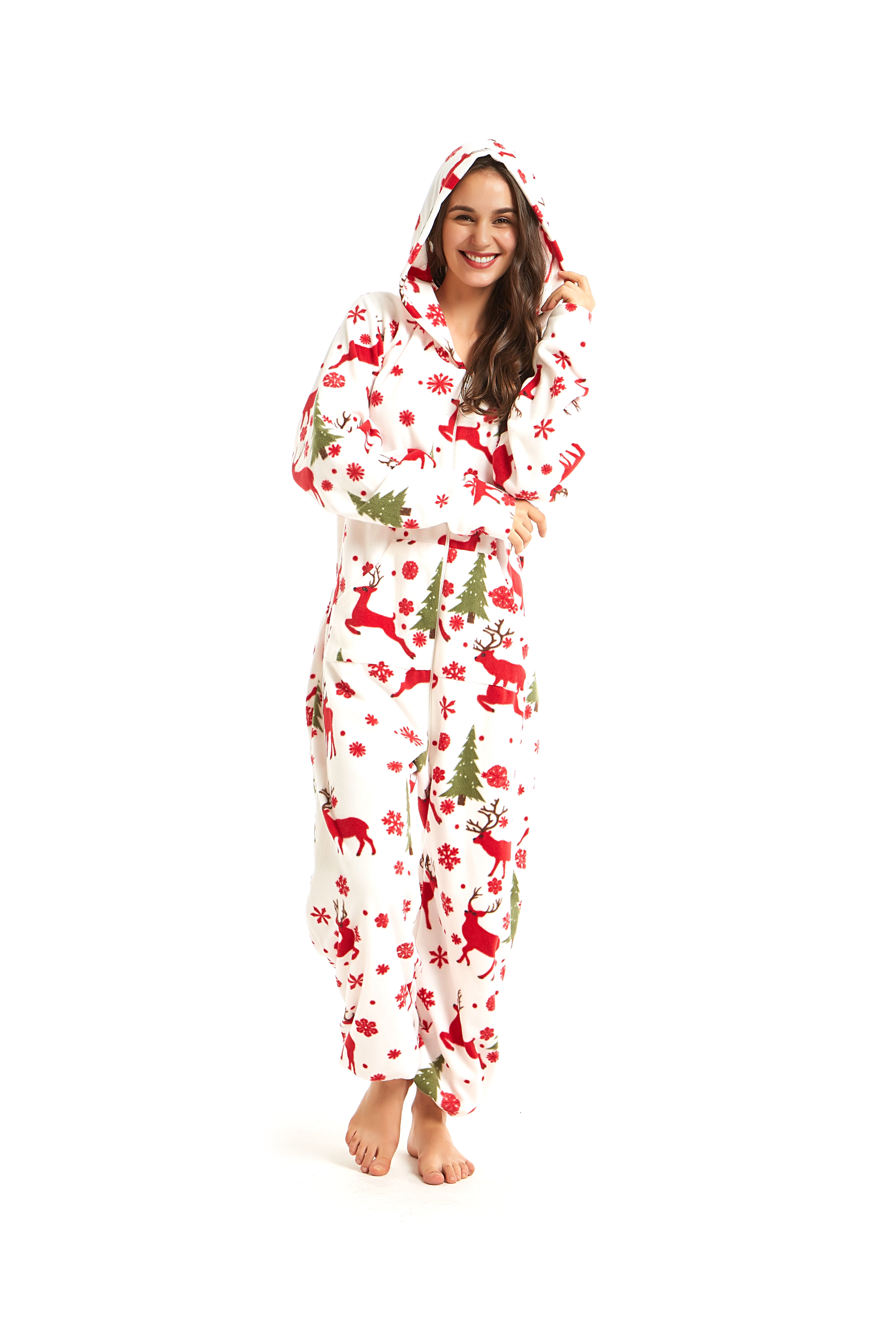 Xmascoming Onesie Adult Hooded Fleece Pajamas White Xmas Size US M
