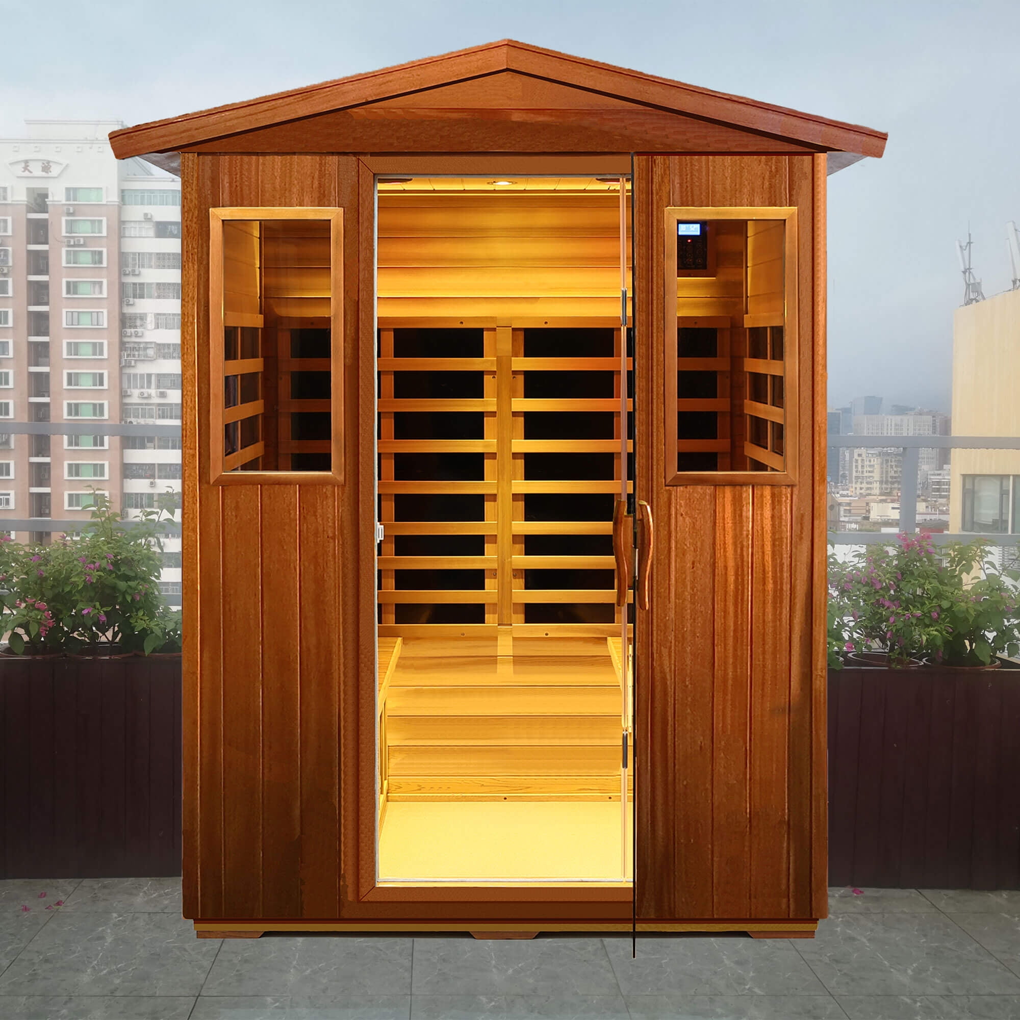 Xmatch Far Infrared Saunas Outdoor 4-Person Size in Mahogany Wood 2050W, 10 Minutes Pre-Warm up