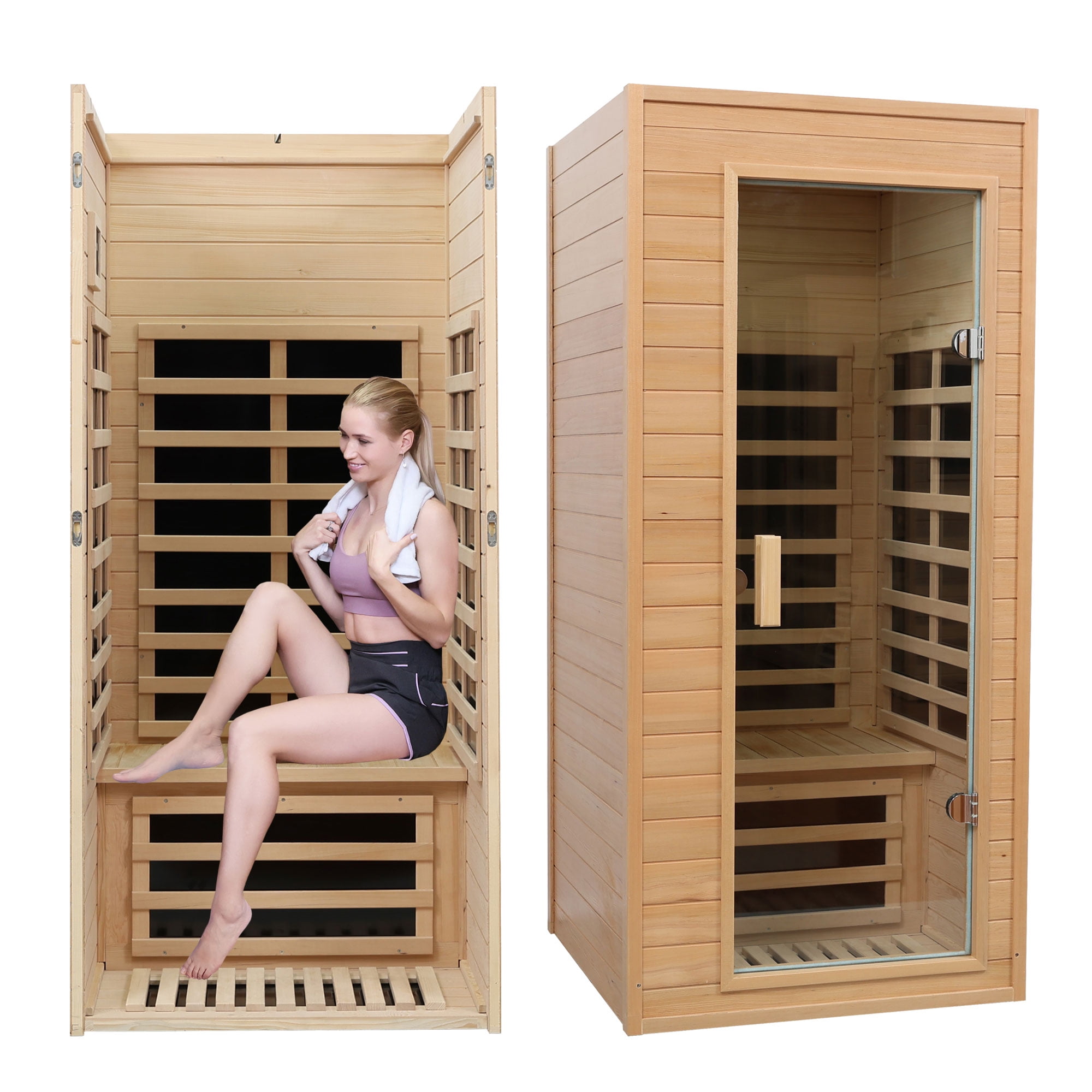 Xmatch Far Infrared Wooden Indoor Sauna, 1-Person Size, with 1290W, 5 Heating Plates, 10 Minutes Pre-Warm up