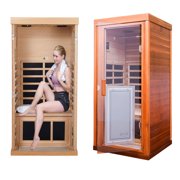 Xmatch Far Infrared Wooden Sauna Room, 1-Person Size, with 1350W, 8 Low EMF Heaters, 10 Minutes Pre-Warm up, Time and Temp Pre-Set, 2 Bluetooth Speakers, 1 LED Reading Lamp and Clothing Hanging Rod