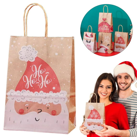 Xmealix Christmas Gift Bags with Handles Paper Bags Bulk Gift Bags 130g Kraft Medium Gift Wrap Bags Christmas Festival Treat Box and Presents Party Decor