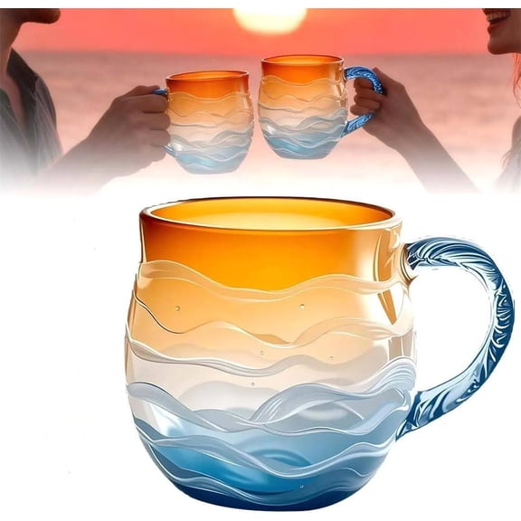 Xmealix Sea Glass Sunset Mug 12 oz, Handblown Textured Beach Themed Glass Cup with Orange Blue Ombre Wave Design, Unique Artisan Ocean Lover Gift