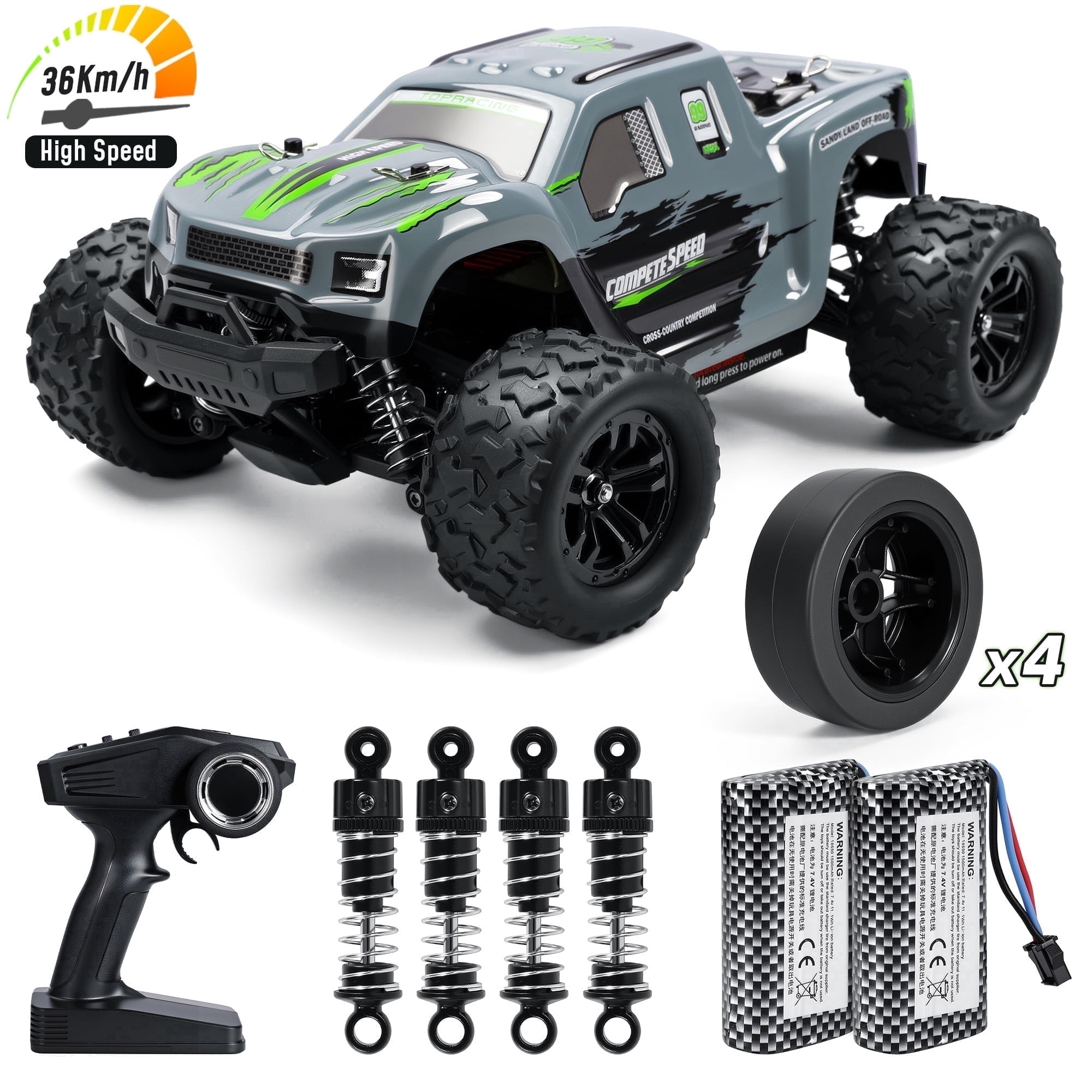WOWEHICLE RC Cars for Adults, 1:18 Fast Remote Control Car, 36KM/H High-Speed RC Truck 4WD w/ Gyro Stabilization, Monster Truck Toy Gift for Kids Boys, 2 Batteries & Spare Drift Tires