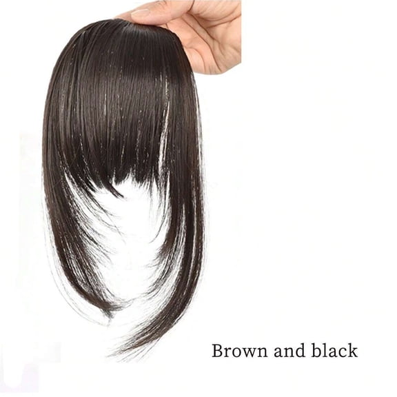 XmhyTop 1 Piece Glueless Clip-in Bangs Wig Piece, 7in Bangs & 12in Sideburns Synthetic Natural-Looking Hair Extensions, Black Brown