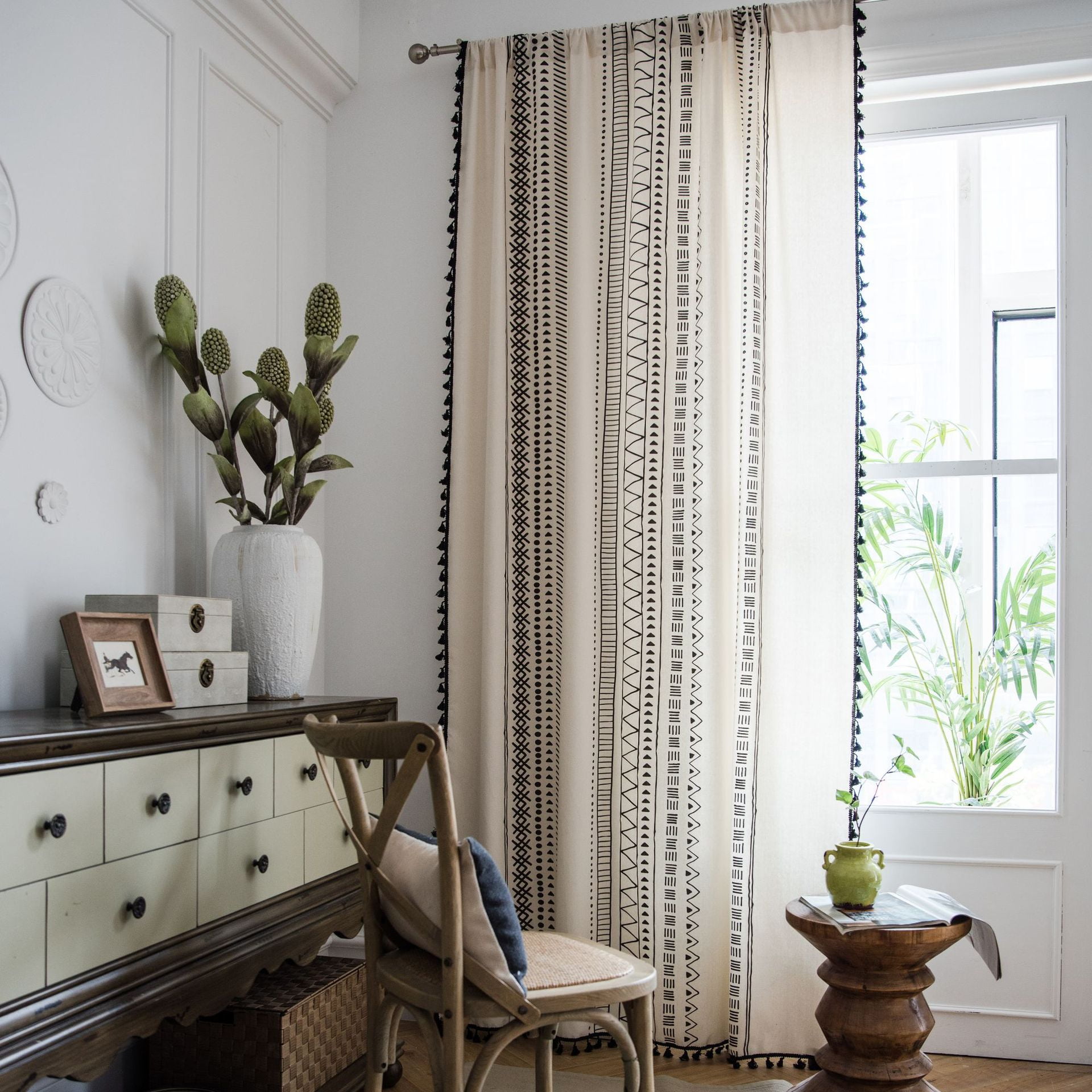 XmhyTop 1 piece black and white Printing Curtain Cotton Linen Lace Kitchen Curtain Bohemian Style Pole Through Window Curtain 59.06 * 70.87 inches