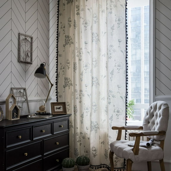 XmhyTop 1 piece rural style gray flower print curtain black tassel kitchen curtain bay window through pole curtain 59.06 * 102.36 inches