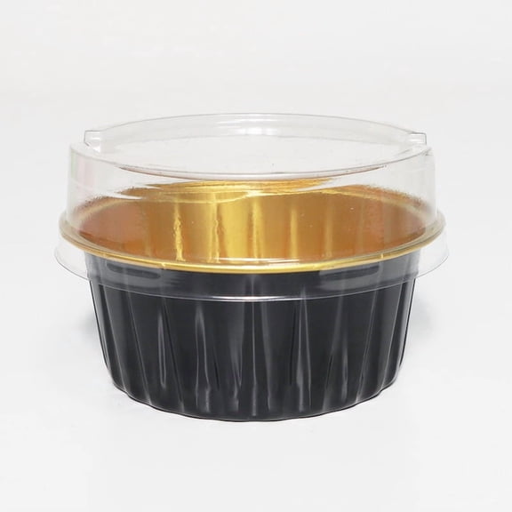 XmhyTop 100 Pack Mini Disposable Cake Pans, Aluminum Foil Circular Baking Cups, 3.3x3.3 Small Baking Cake Tins Cup Cake Containers with Lids for Individual Cakes (Black Gold)
