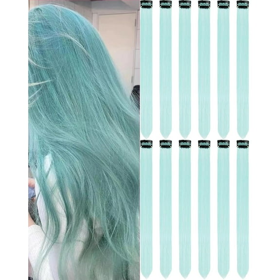 XmhyTop 12 PCS 22 Inch Colored Clip-In Hair Extensions, Straight Synthetic Highlighted Hairpieces for Women, Light Green