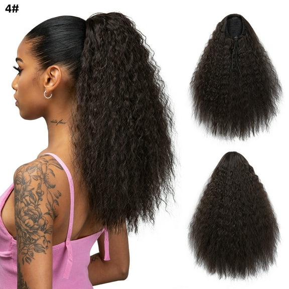XmhyTop 16 Inch Long Kinky Curly Wave Drawstring Ponytail, Voluminous Synthetic Hairpiece with Integrated Comb, Black Textured Wavy Clip-In Extensions for Women Dark Brown