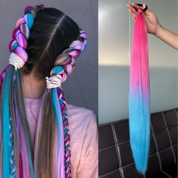XmhyTop 2 Pack 24 Inch Ponytail Extensions, Elastic Tie Wrap Around Braid Design, Natural-Looking Hair Add-On for Womens Daily & Party Looks, Pink Blue