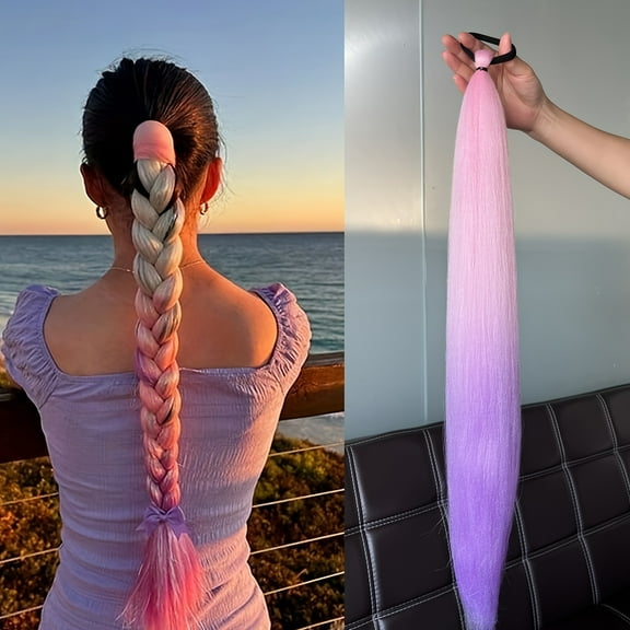 XmhyTop 2 Pack 24 Inch Ponytail Extensions, Elastic Tie Wrap Around Braid Design, Natural-Looking Hair Add-On for Womens Daily & Party Looks, Pink Purple