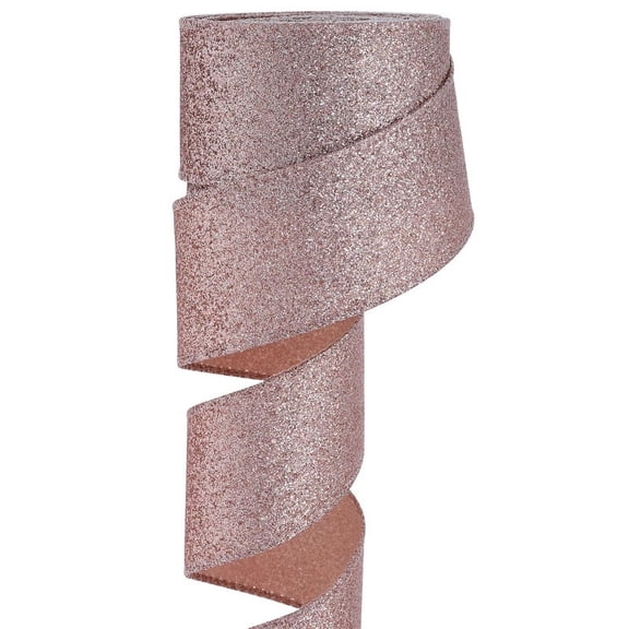 XmhyTop 2 Roll 10 Yard x 4cm Wired Edge Glitter Ribbon, Waterproof Sparkly Garland for Gift Wrapping & Holiday Crafts, Rose Gold