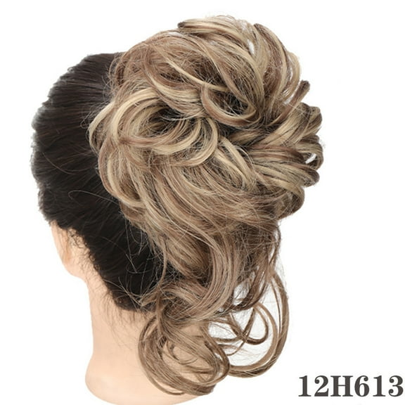 XmhyTop 20CM Messy Bun Hair Piece, Tousled Curly Updo Extension with Elastic Hair Band & Scrunchie for Women, Light Brown/gold