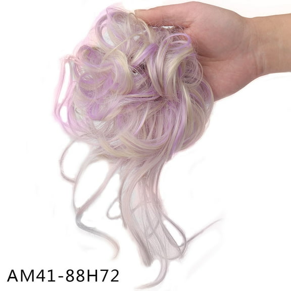 XmhyTop 20CM Messy Bun Hair Piece, Tousled Curly Updo Extension with Elastic Hair Band & Scrunchie for Women, Purple-White