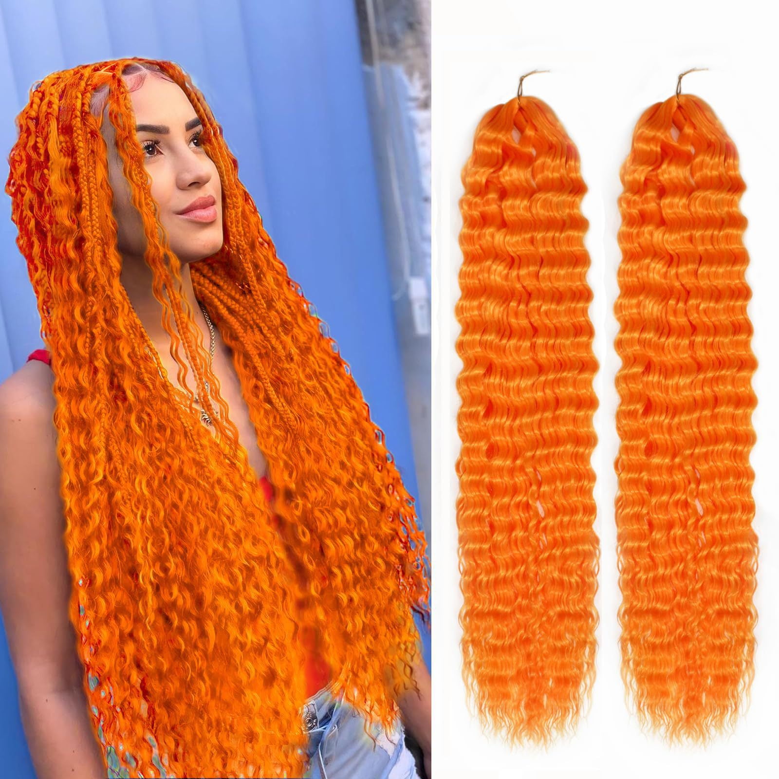 XmhyTop 24 Inch 6-Bundle Human Braiding Hair, 100g/Bundle Deep Wave Curly Extensions, Wet and Wavy Texture for Boho Braids Styling, Light Orange