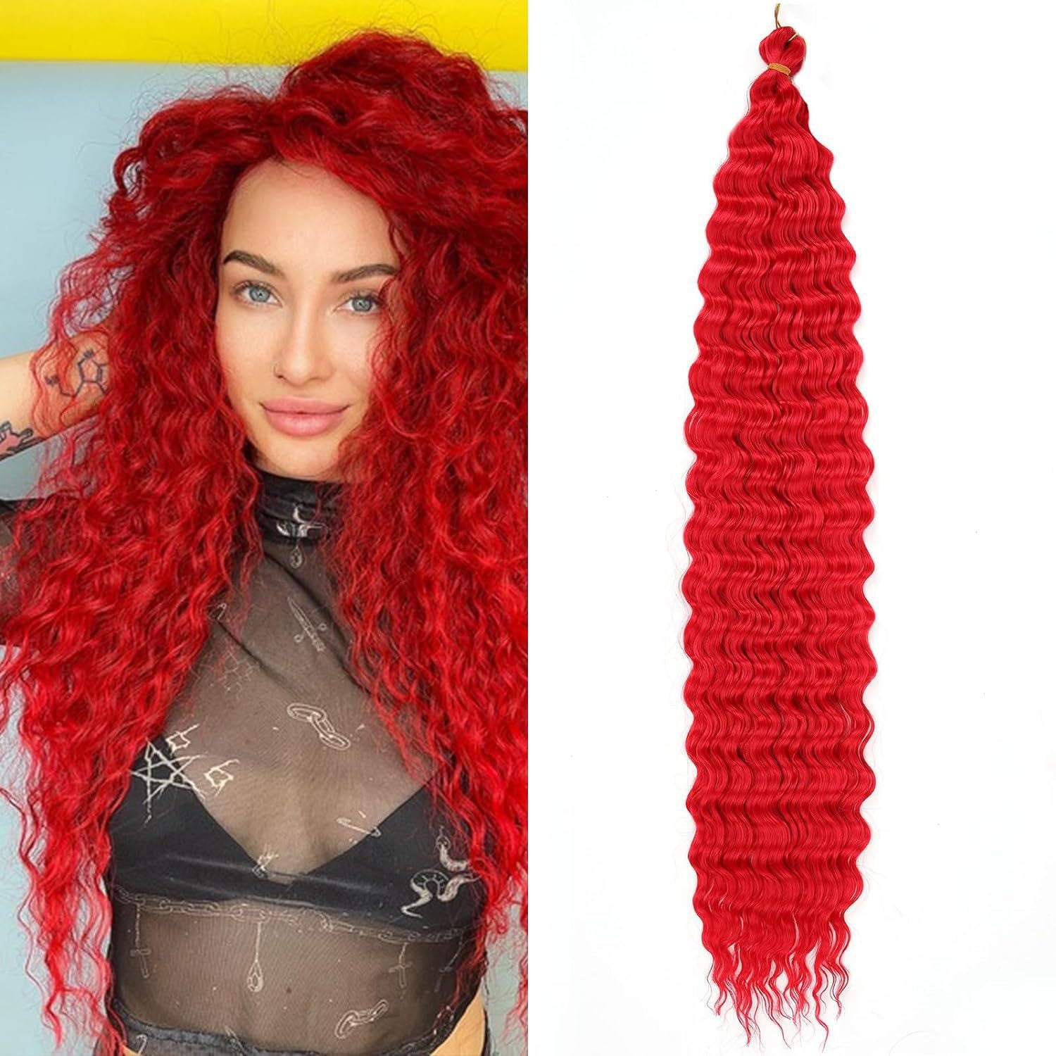 XmhyTop 24 Inch 6-Bundle Human Braiding Hair, 100g/Bundle Deep Wave Curly Extensions, Wet and Wavy Texture for Boho Braids Styling, Red