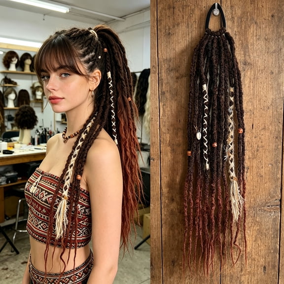 XmhyTop 24 Inch Nordic Handcrafted Beaded Twisted Locs Ponytail Add-On, Long Synthetic Braided Hairpiece With Secure Elastic Hair Tie, Color C