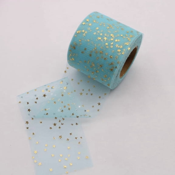 XmhyTop 25 Yards 6cm Wide Hot Stamping Moon and Stars Fabric Tulle Roll Ribbon for Christmas Gift Packing, Decoration and Craft-Blue