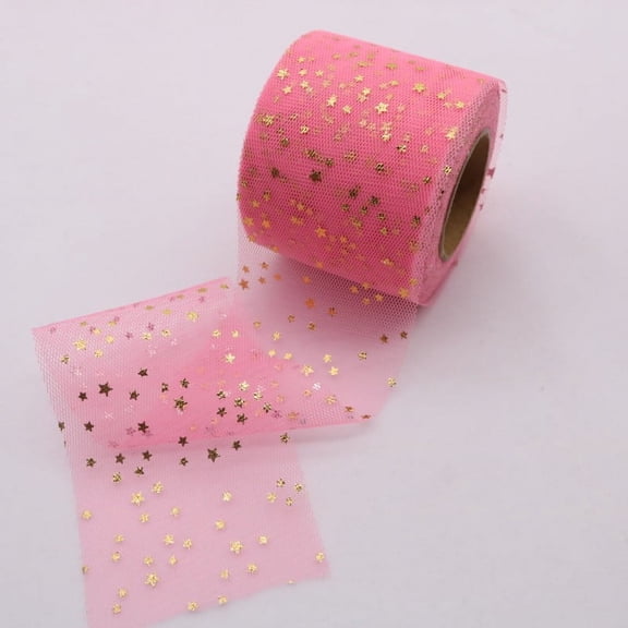 XmhyTop 25 Yards 6cm Wide Hot Stamping Moon and Stars Fabric Tulle Roll Ribbon for Christmas Gift Packing, Decoration and Craft-Pink