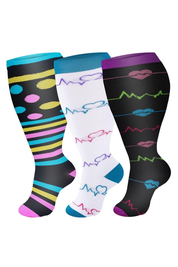 3Pair Value Set Plus Size Non-Binding Wide Calf Compression Socks for Women & Men, Premium Circulation Support Socks Ideal for Running, Fitness & All-Day Standing, 2XL, T1