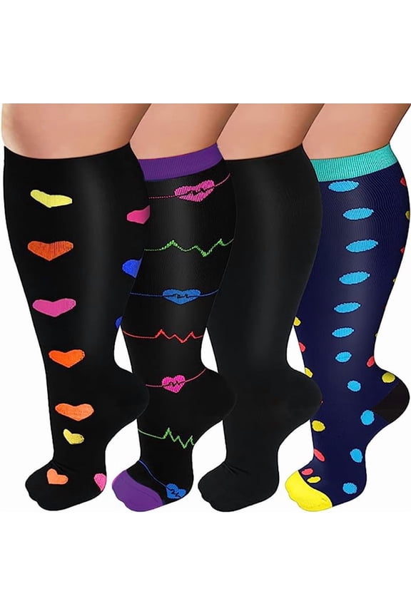 4 Pack 2XL Plus Size Compression Socks for Women & Men, Extra Wide Calf Stockings with Optimal Circulation Support for Running & Daily Activity, Style A