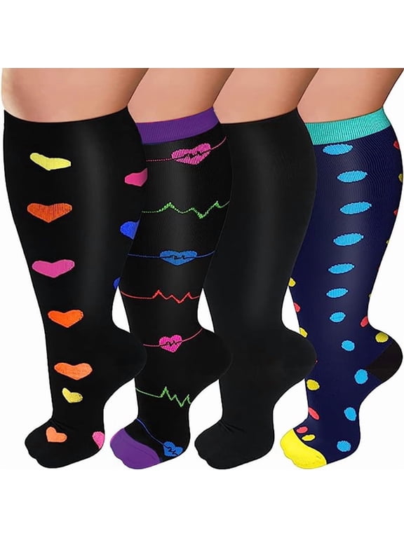 4 Pack 2XL Plus Size Compression Socks for Women & Men, Extra Wide Calf Stockings with Optimal Circulation Support for Running & Daily Activity, Style A