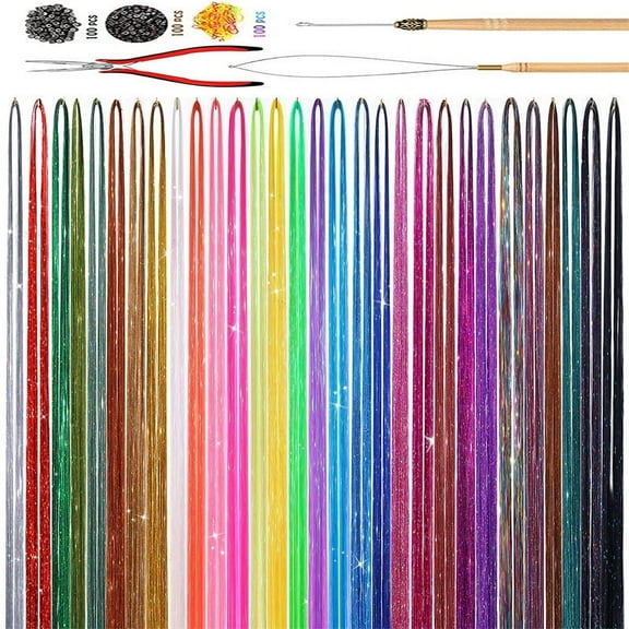 XmhyTop 48 Inch Glitter Hair Tinsel Extensions Kit 30 Colors With Tools - Heat Resistant Fairy Hair Accessories for Women