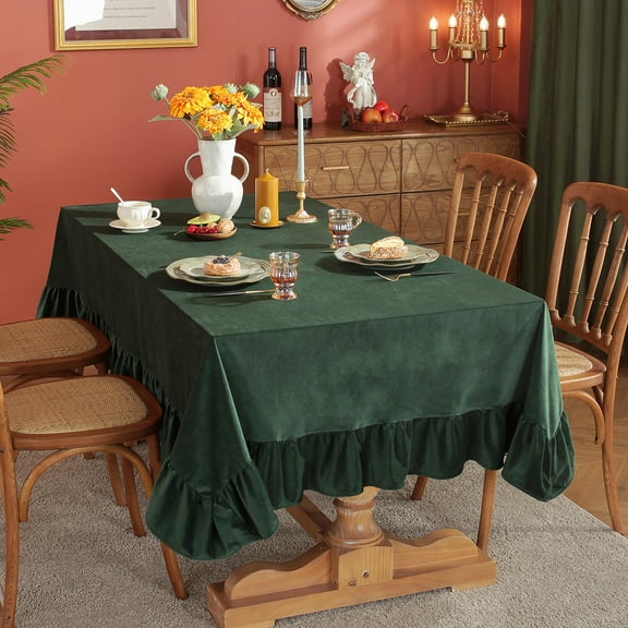 XmhyTop 55"x35" Luxurious Velvet Tablecloth, Soft Thick Wrinkle-Resistant Rectangular Cover with Decorative Ruffle Edge, Ideal for Kitchen Dining, Parties & Weddings, Green