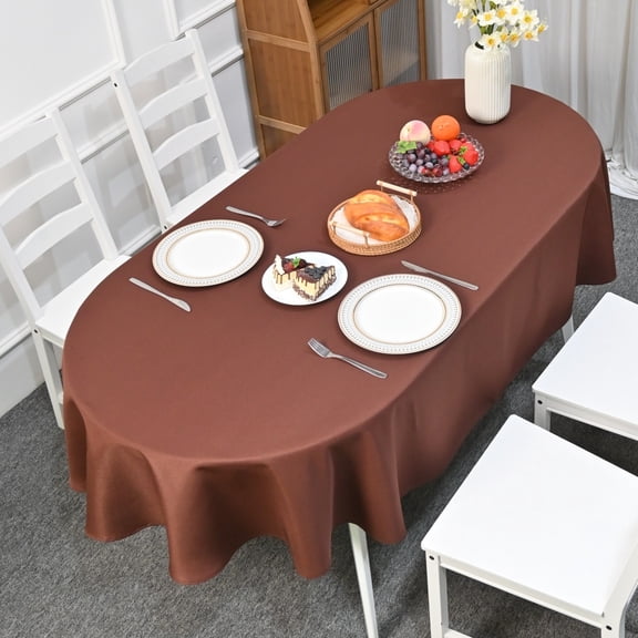 XmhyTop 61x84 Inch Solid Brown Oval Tablecloth, Heavy Duty Polyester Washable for Dining, Home Party & Indoor Use