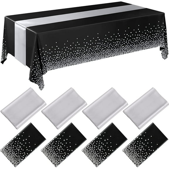 XmhyTop 8pcs Disposable Plastic Tablecloths and Satin Table Runner Set for Wedding Birthday Baby Shower Anniversary Christmas New Year Party Decorations(Black+Silvery)