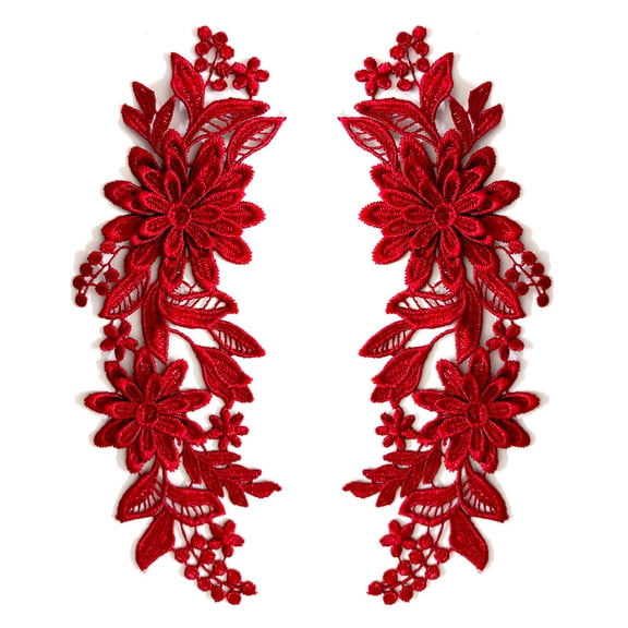 XmhyTop-A 1 Pair Floral Embroidery Patch Bridal Lace Applique for Wedding Gown Dress Making Supplies, Vintage Sew on Patches Costume Trims for Clothing Decoration,Dark Red