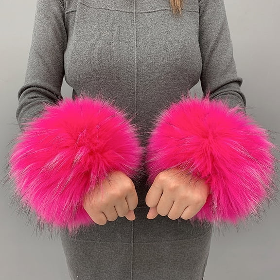 XmhyTop-A 1 Pair of Faux Fur Wrist Cuffs Soft Plush Elastic Warm Bands for Winter, Cozy Ring Cuffs Accessories,Dark Pink