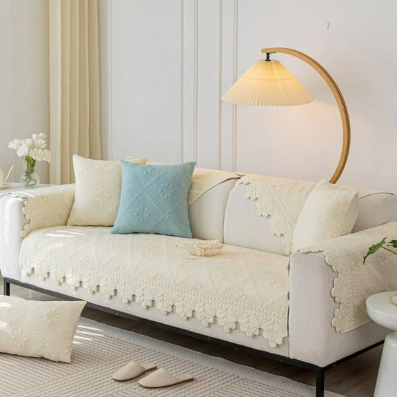 XmhyTop-A 1 Piece 90*90cm White Cotton Sofa Cover - Boho Slipcover, Farmhouse Couch Cover, Quilted Sectional Cover, Non-slip Washable Sofa Protector