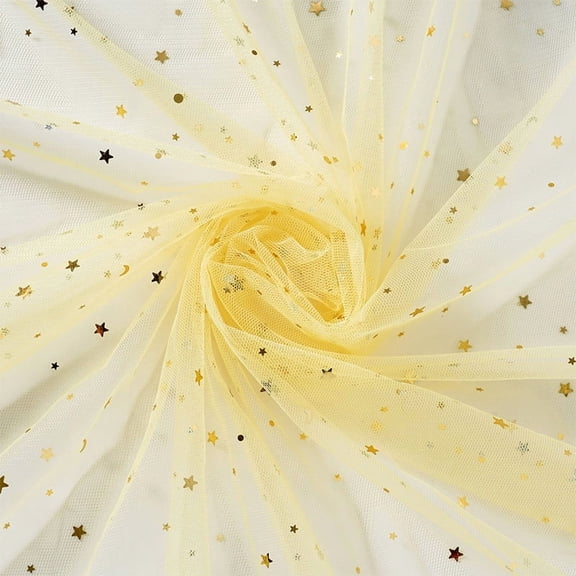 XmhyTop-A 1 Yard Glitter Tulle Fabric Star and Moon Sequin Tulle for Party Backdrop Fabric, Netting for Tutu Skirts Photo Booth Backgrounds, Durable Polyester,Light Yellow