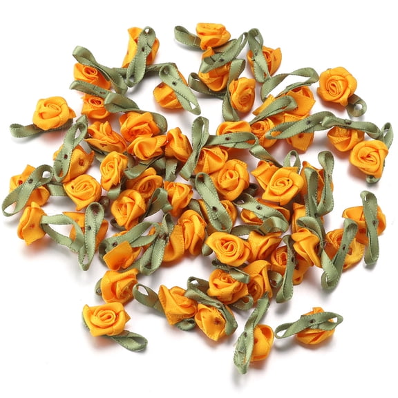 XmhyTop-A 100 Pcs Mini Satin Roses Artificial Ribbon Roses for Wedding Decor, DIY Crafts, Scrapbooking Gift Toppers Small Satin Bows, Decorative Red Roses Floral Craft Supplies,Orange