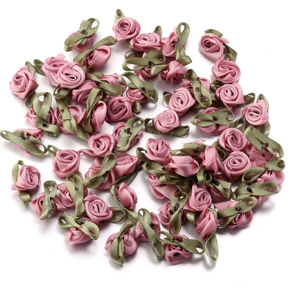 XmhyTop-A 100 Pcs Mini Satin Roses Artificial Ribbon Roses for Wedding Decor, DIY Crafts, Scrapbooking Gift Toppers Small Satin Bows, Decorative Red Roses Floral Craft Supplies,Pink