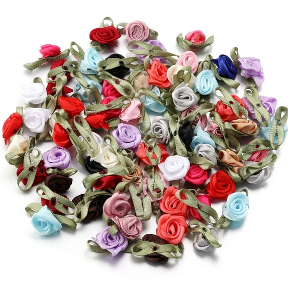 XmhyTop-A 100 Pcs Mini Satin Roses Artificial Ribbon Roses for Wedding Decor, DIY Crafts, Scrapbooking Gift Toppers Small Satin Bows, Decorative Red Roses Floral Craft Supplies,Multicolored