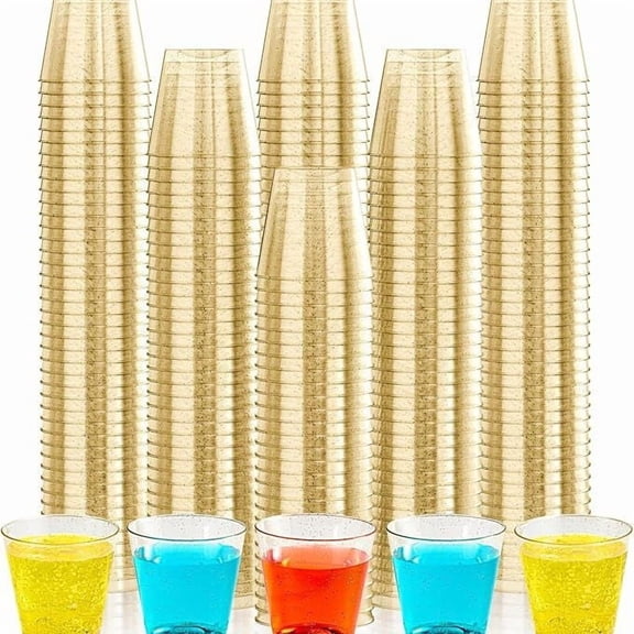 XmhyTop-A 100PCS Shot Glasses 1OZ Clear Small Plastic Cups, Disposable Mini Cups for Sampling/Jello Shots/Sauce,Gold