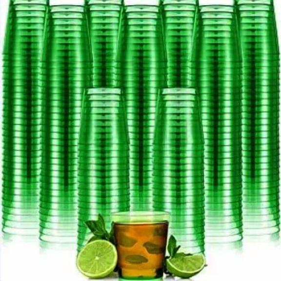 XmhyTop-A 100PCS Shot Glasses 1OZ Clear Small Plastic Cups, Disposable Mini Cups for Sampling/Jello Shots/Sauce,Green