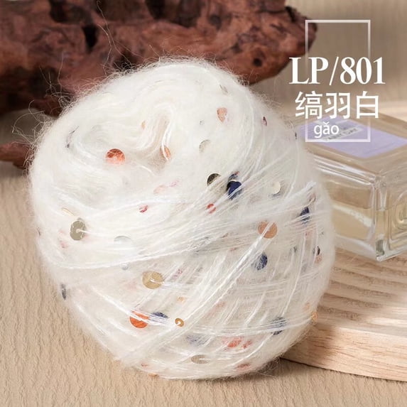 XmhyTop-A 100g Fluffy Glitter Sequin Yarn DIY Craft Knitting Yarn for Sweaters Scarves, Sparkle Crochet Yarn with Sequins,White