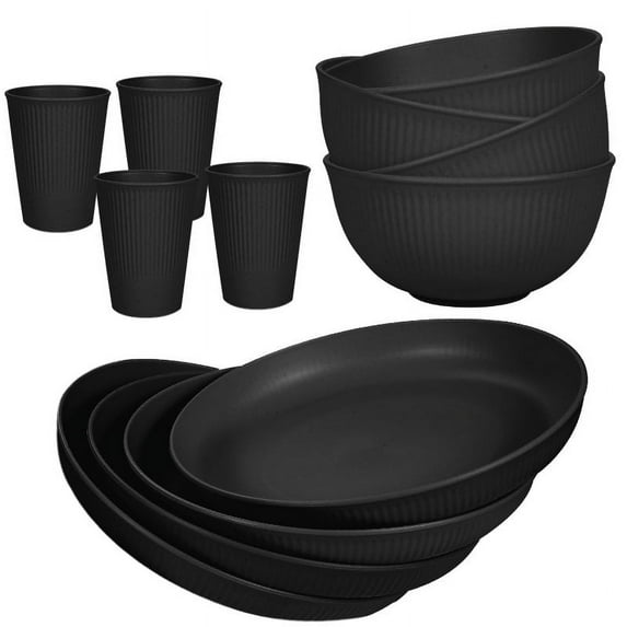 XmhyTop-A 12-Piece Dinner Plate Set - Dinnerware Sets for Family Meals, Kitchen Dishes Set with Wheat Straw Material, Service for 4,Black