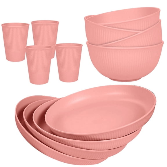 XmhyTop-A 12-Piece Dinner Plate Set - Dinnerware Sets for Family Meals, Kitchen Dishes Set with Wheat Straw Material, Service for 4,Pink