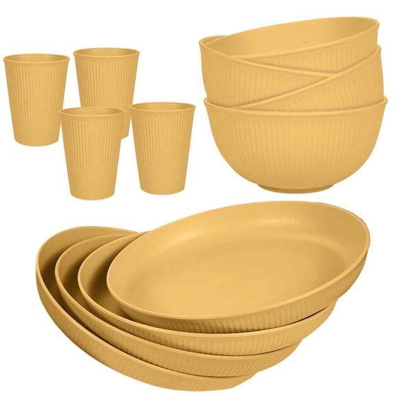 XmhyTop-A 12-Piece Dinner Plate Set - Dinnerware Sets for Family Meals, Kitchen Dishes Set with Wheat Straw Material, Service for 4,Yellow