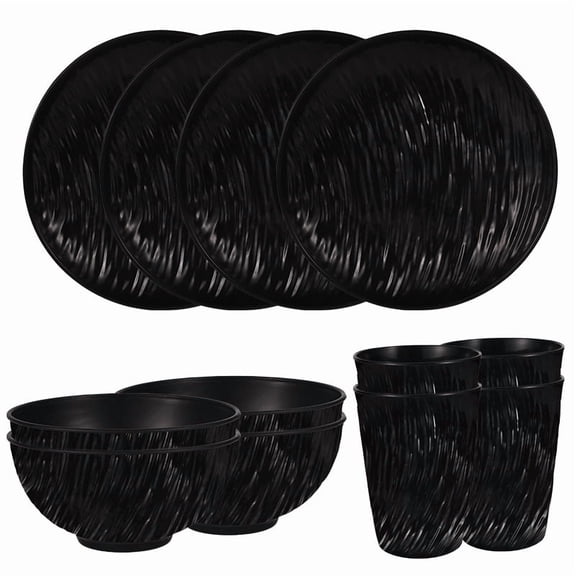 XmhyTop-A 12-Piece Reusable Plastic Plates Bowls Cups Set Heavy Duty Tableware for Picnic Camping Beach,Outdoor Dinnerware,Black