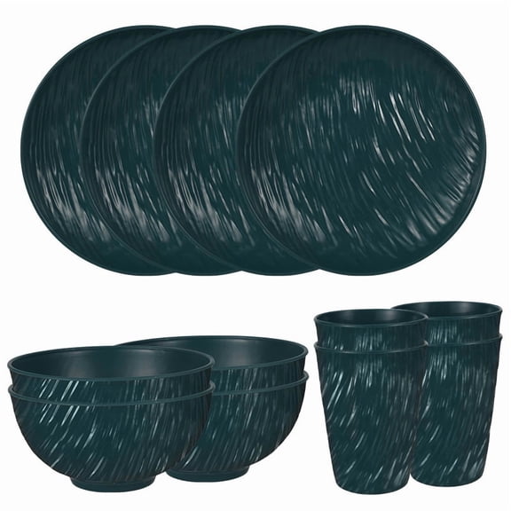 XmhyTop-A 12-Piece Reusable Plastic Plates Bowls Cups Set Heavy Duty Tableware for Picnic Camping Beach,Outdoor Dinnerware,Drak Green
