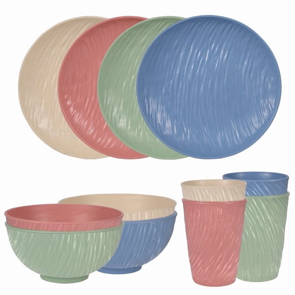 XmhyTop-A 12-Piece Reusable Plastic Plates Bowls Cups Set Heavy Duty Tableware for Picnic Camping Beach,Outdoor Dinnerware,Light Multicolored
