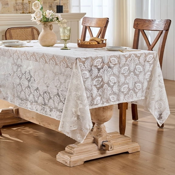 XmhyTop-A 140*300cm White Lace Tablecloth Elegant Wedding Party Table Cover, Reception Tablecloth for Home Decor Events,Style E