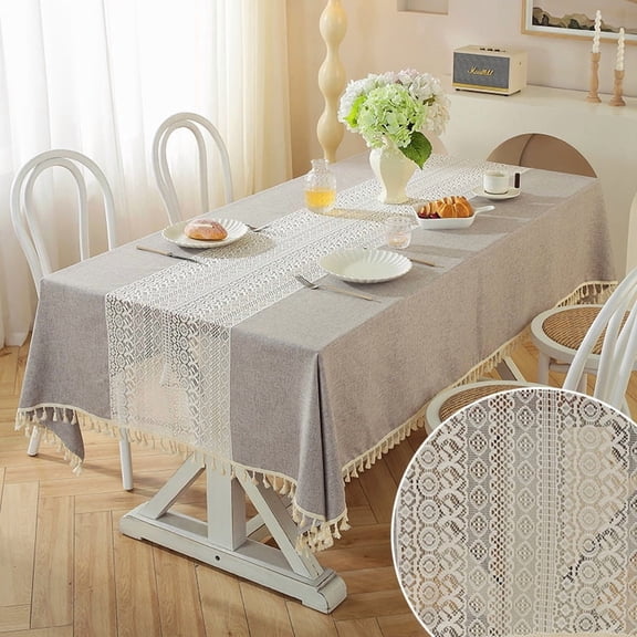 XmhyTop-A 140x140cm Hollow Table Cover Elegant Crochet Lace Wedding Tablecloth with Tassels for Kitchen Party Decor,1 Piece,Light Grey