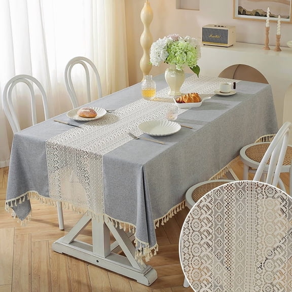 XmhyTop-A 140x200cm Hollow Table Cover Elegant Crochet Lace Wedding Tablecloth with Tassels for Kitchen Party Decor,1 Piece,Grey