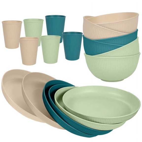 XmhyTop-A 18-Piece Dinner Plate Set - Dinnerware Sets for Family Meals, Kitchen Dishes Set with Wheat Straw Material, Service for 6,Khaki+Dark Green+Green